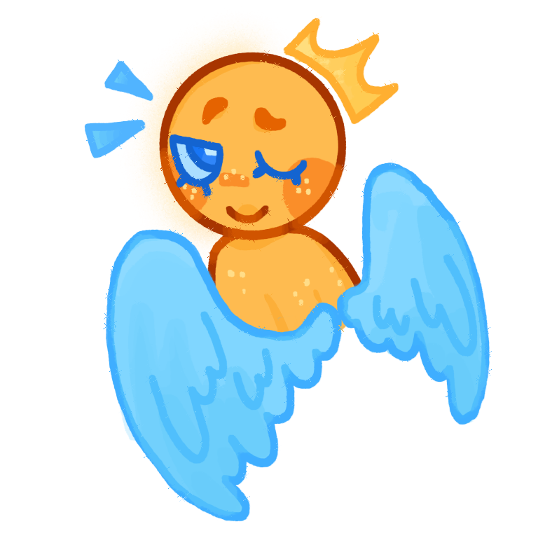 A stylized drawing of a yellow person with blue eyes and two light blue feathered wings on their back. The yellow person has one eye closed. There is a yellow crown above their head.